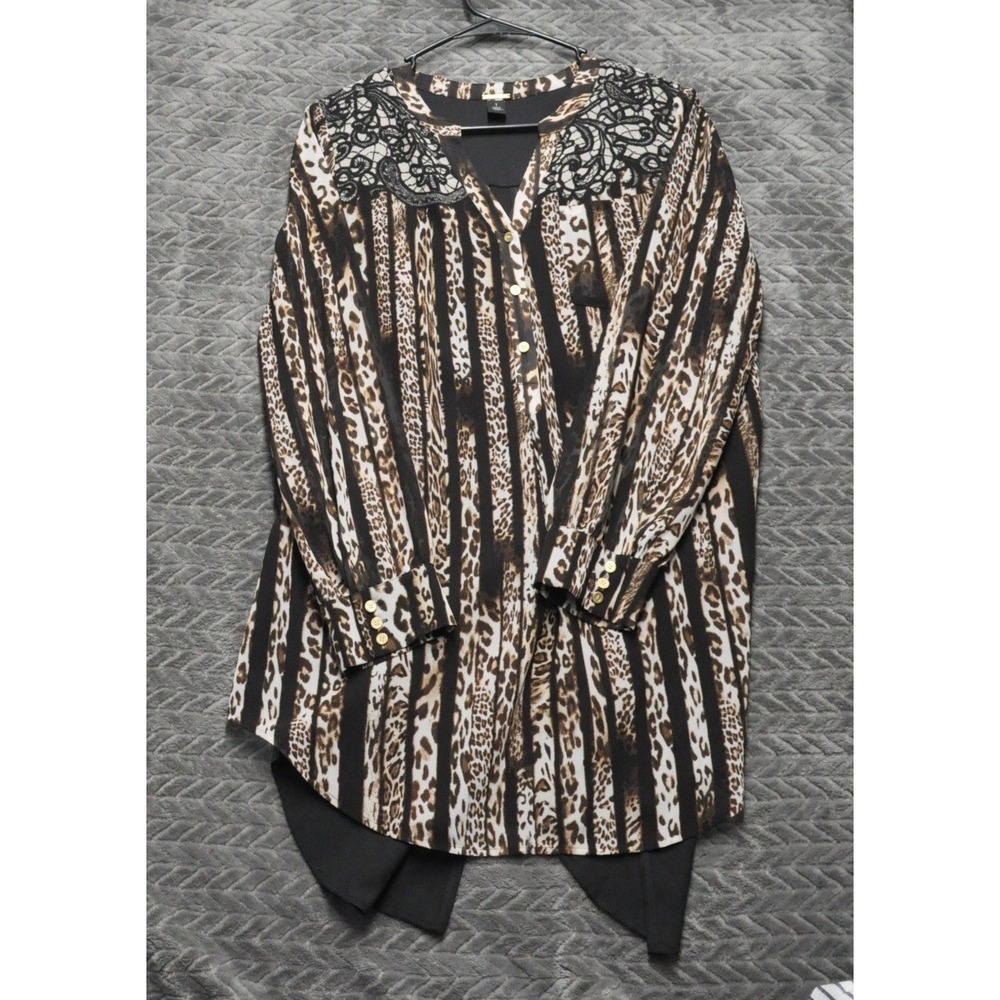 Chico's Black Label Tunic 1 Brown Animal Print Lace Back Zip High Low (1763)